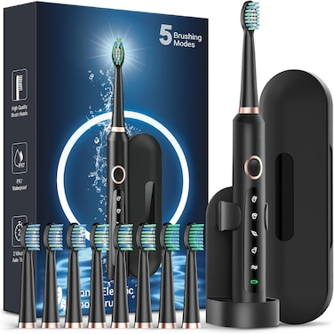 Rtauys M5 Sonic Electric Toothbrush for Adults and Kids - Rechargeable Electric Toothbrush Kids Ages 12+ and Adults with 8 Brush Heads &amp; Travel Case, 120 Days Battery Life - Black
