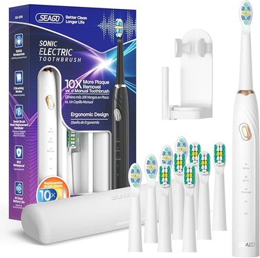SEAGO Electric Toothbrush with 10 Brush Heads,Travel with Travel Case and Holder,Smart Timer for Adults,SG-2316 (White)
