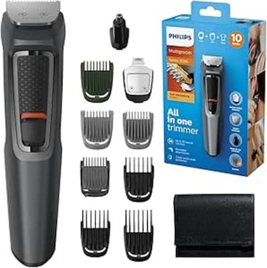 Philips 10-in-1 All-In-One Trimmer, Series 3000 Grooming Kit for Beard, Hair &amp; Body with 10 Attachments, Including Nose Trimmer, Self-Sharpening Metal Blades, UK 3-Pin Plug - MG3747/33