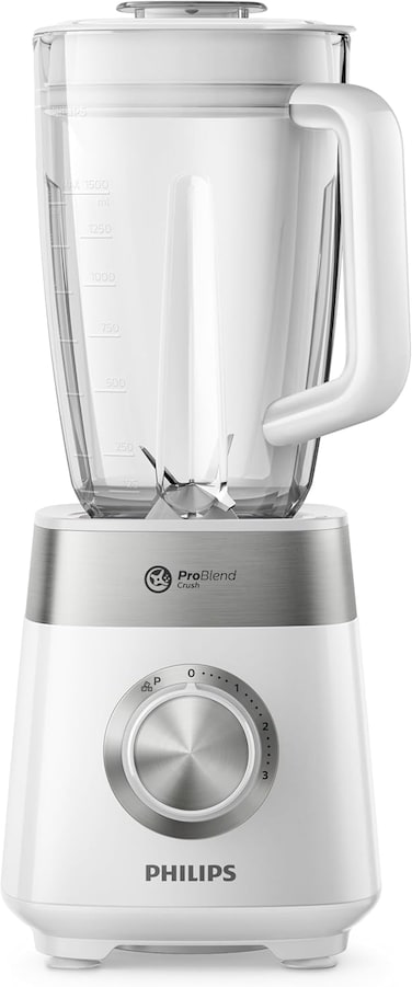 Philips Series 5000, Plastic Jar Blender - 800W, 2L, 3 Speed settings + Pulse, ProBlend Crush Technology perfect for crushing ice, Silver/White - HR2224/00