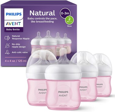 Philips AVENT Natural Baby Bottle with Natural Response Nipple, Pink, 125 ml, 4 Pack