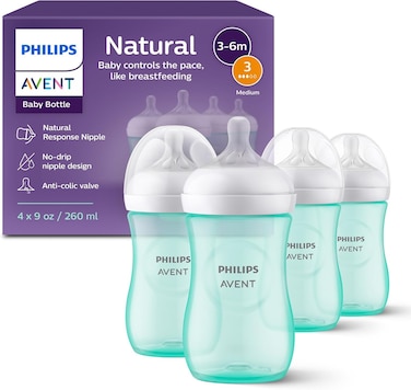 PHILIPS AVENT Natural Baby Bottle with Natural Response Nipple, Turquoise, 260 ml, 4 pack