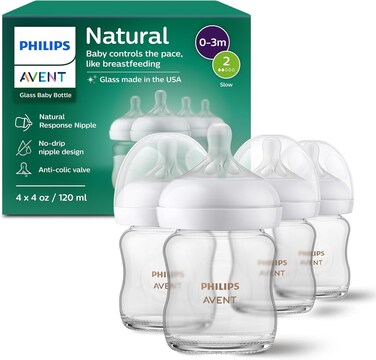 Philips Avent Natural Glass Baby Bottle with Natural Response Nipple, 120 ml, 4 pack