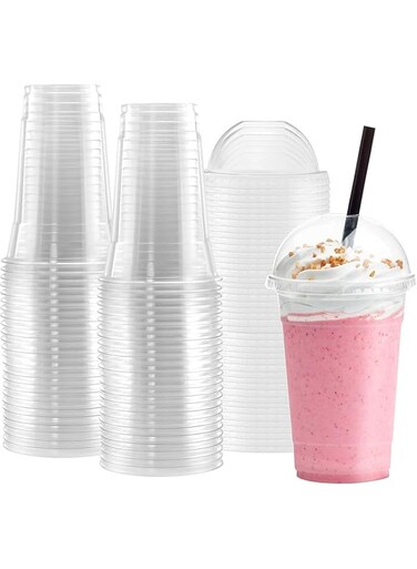 MARKQ [50 Sets] [16 Oz] Disposable Plastic Cups with Dome Lids - Disposable Clear Cups for Cold Drinks, Milkshakes &amp; Smoothies