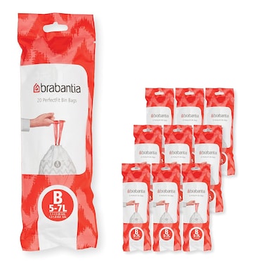 Brabantia PerfectFit Bin Liners Multipack (Size B/5 Litre) Thick Plastic Trash Bags with Tie Tape Drawstring Handles (200 Bags), White