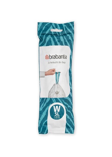 Brabantia IdealFit Bin Liners (Size W/5 Litre) – 20 Thick Plastic Trash Bags with Tie Tape Drawstring Handles, White