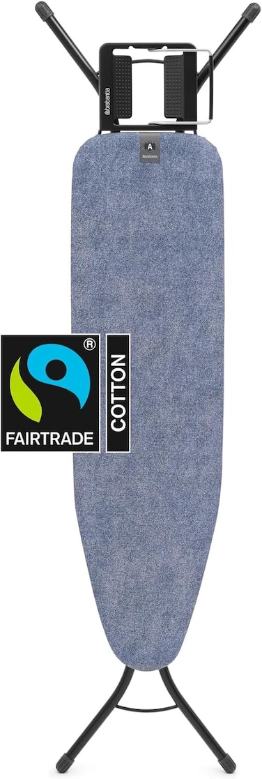 Brabantia Ironing Board Size A 110 x 30 cm, Small Foldable Ironing Board, Denim Blue, Adjustable Height, Non-Slip Feet, Cotton Cover