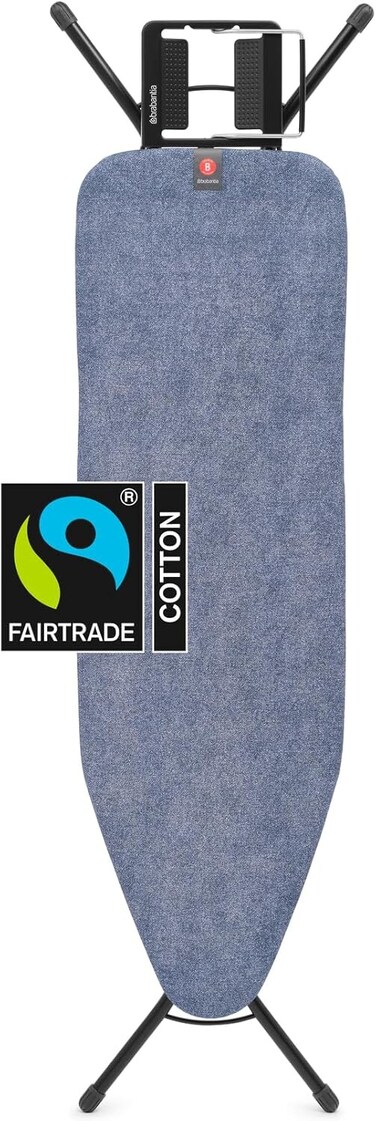 Brabantia Ironing Board Denim Blue, Size B 124 x 38 cm, Foldable Ironing Board with Steam Iron Rest, Adjustable Height, Non-Slip Feet, Cotton Cover, Child &amp; Transport Lock