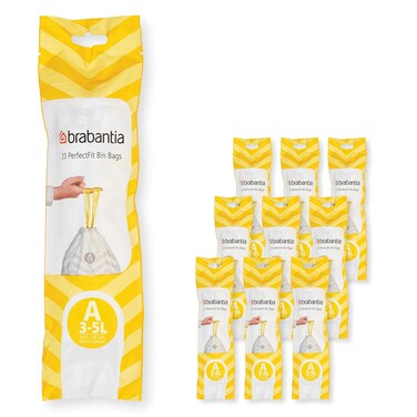 Brabantia PerfectFit Bin Liners Multipack (Size A 3 Litre) Thick Plastic Trash Bags with Tie Tape Drawstring Handles (200 Bags)