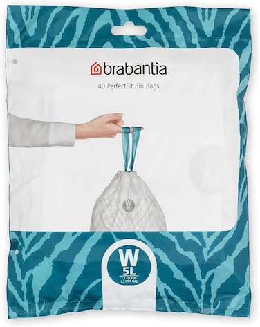 Brabantia PerfectFit Bin Liners Multipack (Size W/5 Litre) Thick Plastic Trash Bags with Tie Tape Drawstring Handles (40 Bags), White