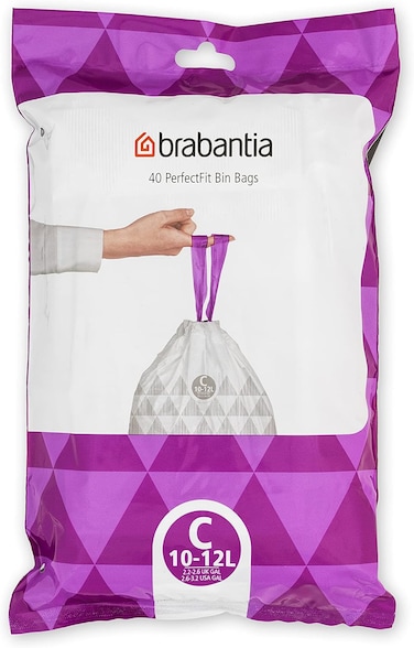 Brabantia PerfectFit Bin Liners Size C, 10-12 Litre, Thick Plastic Trash Bags with Tie Tape Drawstring Handles, 40 Bags, White
