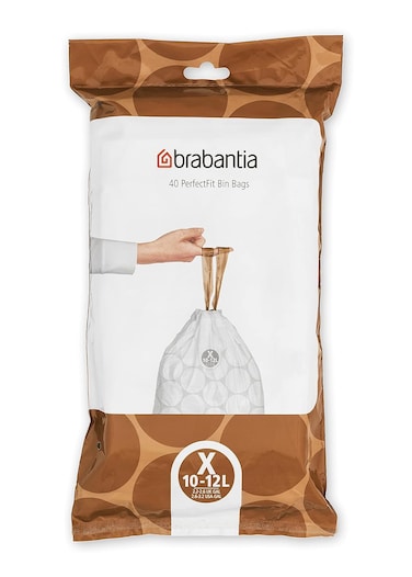Brabantia PerfectFit Bin Liners (Size X/10-12 Litre) – 40 Thick Plastic Trash Bags with Tie Tape Drawstring Handles, White