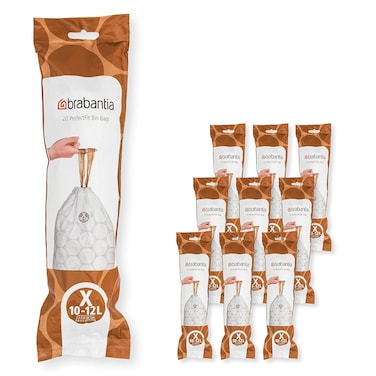 Brabantia PerfectFit Bin Liners Multipack (Size X/10-12 Litre) &ndash; 200 Thick Plastic Trash Bags with Tie Tape Drawstring Handles, White