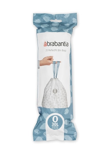 Brabantia IdealFit Bin Liners (Size O/30 Litre) &ndash; 20 Ideal Quality Thick Plastic Trash Bags with Tie Tape Drawstring Handles, White