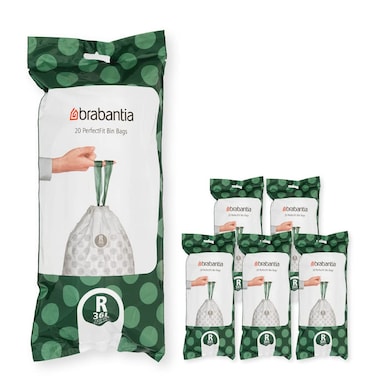 Brabantia PerfectFit Bin Liners Multipack (Size R/36 Litre) &ndash; 120 Thick Plastic Trash Bags with Tie Tape Drawstring Handles, White