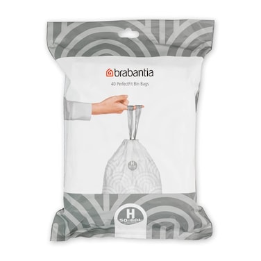Brabantia PerfectFit Bin Liners (Size H, 50-60L) &ndash; Thick Plastic Trash Bags with Tie Tape Drawstring Handles (40 Bags), White
