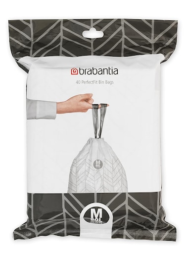 Brabantia PerfectFit Bin Liners (Size M/60 Litre) &ndash; 40 Thick Plastic Trash Bags with Tie Tape Drawstring Handles, White