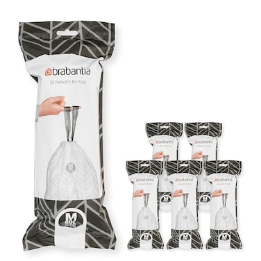 Brabantia PerfectFit Bin Liners Multipack (Size M/60 Litre) &ndash; 120 Thick Plastic Trash Bags with Tie Tape Drawstring Handles, White
