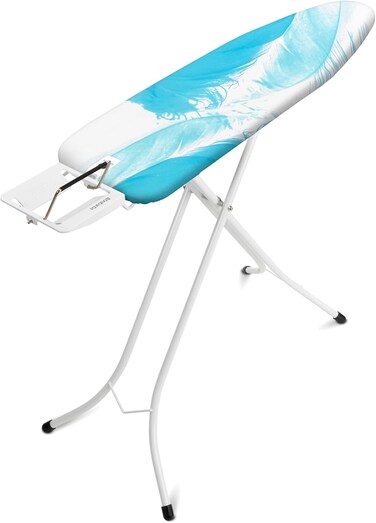 Brabantia Ironing Board Size A 110 x 30 cm, Foldable Small Ironing Board with Steam Iron Rest, Feathers Design, Adjustable Height, Non-Slip Feet, Cotton Cover