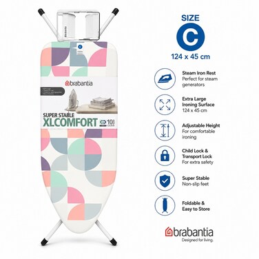 Brabantia XL Comfort Ironing Board Size C 124 x 45 cm with Steam Iron Rest, Adjustable Height, Foldable, Non-Slip Feet, Cotton Cover, Multicolor