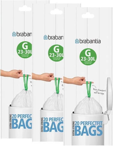Brabantia Size G (23-30L) Bin Liners – 20 Bags per Roll, Pack of 3 (60 Bags in Total)