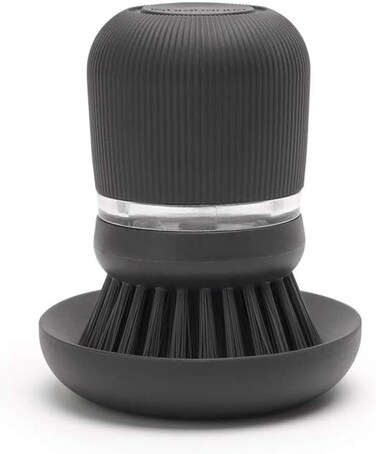 Brabantia SinkSide Soap Dispensing Dish Brush, Dark Grey, Refillable Washing-Up Brush with Soap Reservoir, Storage Stand, Replaceable Bristles, One Size