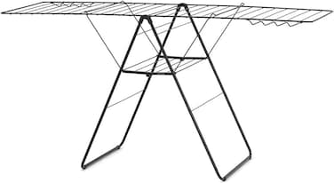 Brabantia HangOn Drying Rack, 25m, Matt Black, Foldable Clothes Airer with Adjustable Wings, 8 Hanger Hooks, Transport Lock &amp; Child Lock