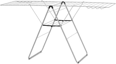 Brabantia HangOn Drying Rack, 25m, Metallic Grey, Foldable Clothes Airer with Adjustable Wings, 8 Hanger Hooks, Transport Lock &amp; Child Lock