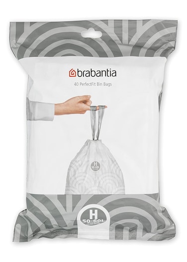 Brabantia PerfectFit Bin Liners Size H (50&ndash;60 Litre) &ndash; 40 Bags &ndash; 
Thick Plastic Trash Bags with Tie Tape, White