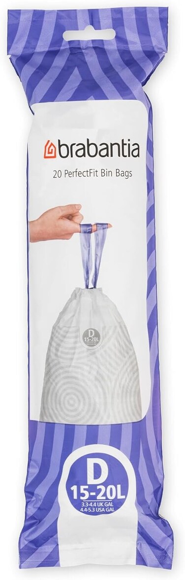 Brabantia PerfectFit Bin Liners Size D (15&ndash;20 Litre) &ndash; 20 Bags 
&ndash; Strong Trash Bags with Tie Tape, White