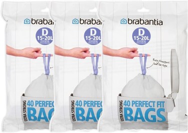 Brabantia PerfectFit Bin Liners Size D (15&ndash;20 Litre) &ndash; 120 Bags &ndash; 
Strong Trash Bags with Tie Tape, White