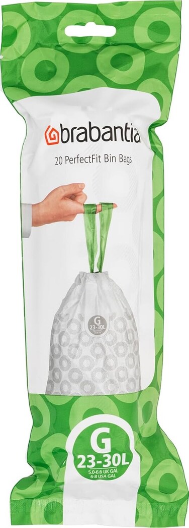 Brabantia PerfectFit Bin Liners Size G (23&ndash;30 Litre) &ndash; 20 Bags &ndash; 
Strong Trash Bags with Tie Tape, White