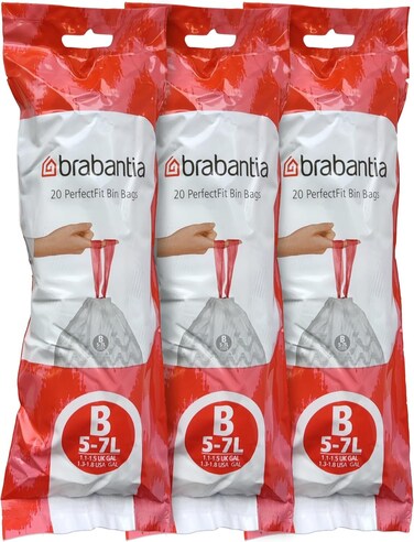 Brabantia PerfectFit Bin Bags Size B (5&ndash;7 Litre) &ndash; 60 Bags &ndash; 
Strong Drawstring Trash Liners, White