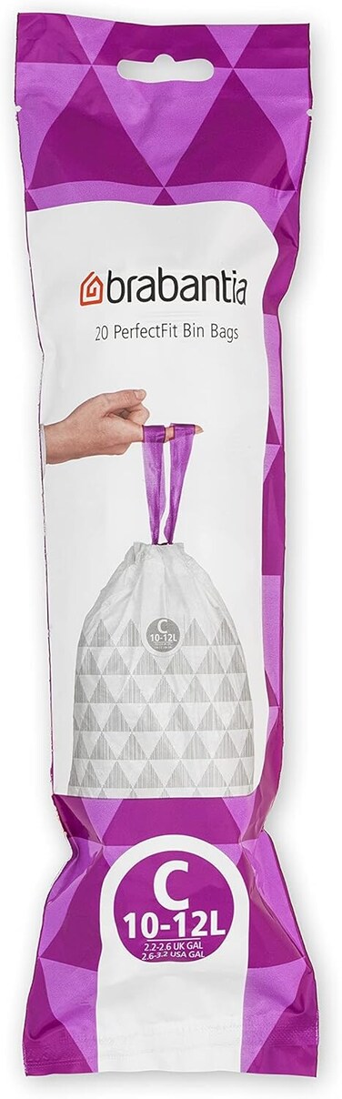Brabantia PerfectFit Bin Liners Size C (10&ndash;12 Litre) &ndash; 20 Bags &ndash; 
Strong Trash Bags with Tie Tape, White