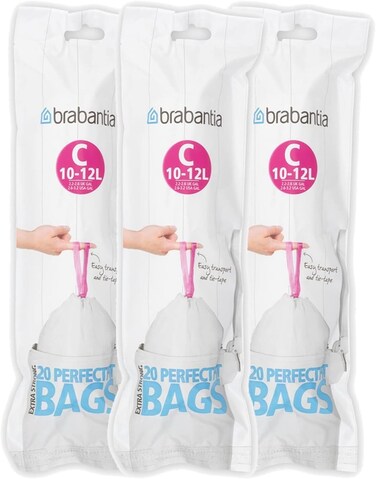 Brabantia PerfectFit Bin Liners Size C (10&ndash;12 Litre) &ndash; 60 Bags &ndash;
 Strong Trash Bags with Tie Tape, White