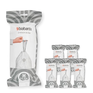 Brabantia PerfectFit Bin Liners Multipack Size H (50&ndash;60 Litre) &ndash; 120 Bags &ndash;
 Thick Plastic Trash Bags with Tie Tape, White
