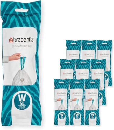 Brabantia PerfectFit Bin Liners Size W, 5L, 200 Bags, White