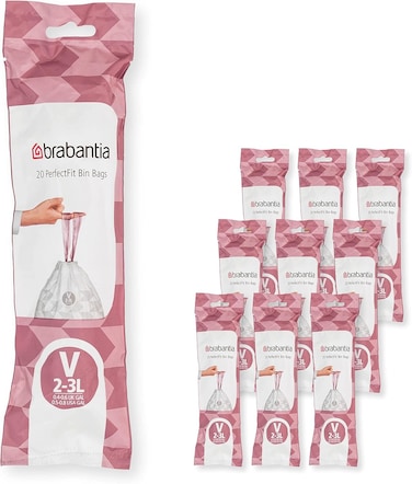Brabantia PerfectFit Bin Liners Size V, 2-3L, 200 Bags, White