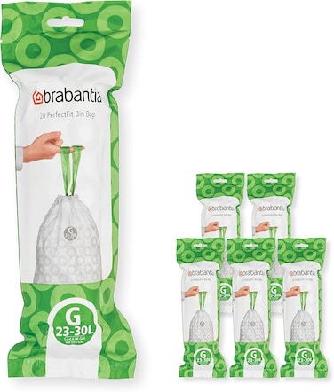 Brabantia PerfectFit Bin Liners Size G, 23-30L, 120 Bags, White