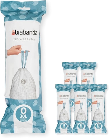 Brabantia PerfectFit Bin Liners Size O, 30L, 120 Bags, White