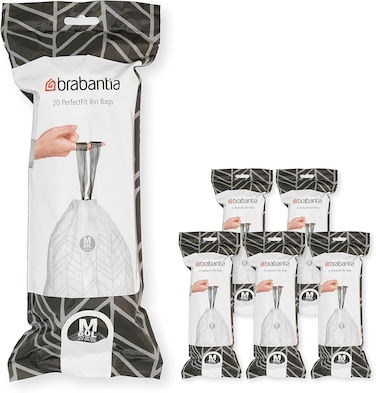 Brabantia PerfectFit Bin Liners Size M, 60L, 120 Bags, White