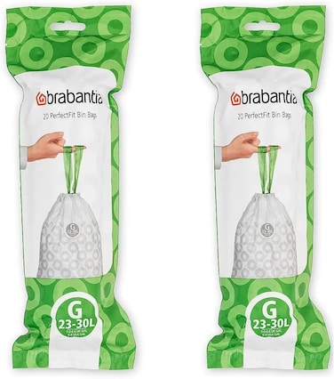 Brabantia Bin Liners Size G, 23-30L, Pack of 2, 40 Bags, White