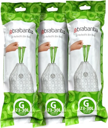 Brabantia Bin Liners Size G, 23-30L, 60 Bags, White