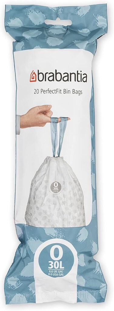 Brabantia IdealFit Bin Liners Size O (30 Litre) &ndash; 20 Bags, 
Thick Plastic Trash Bags with Tie Tape Handles, White