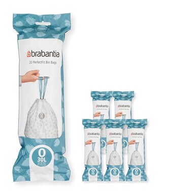 Brabantia PerfectFit Bin Liners Multipack Size O (30 Litre) &ndash; 120 Bags,
 Thick Plastic Trash Bags with Tie Tape Drawstring Handles, White