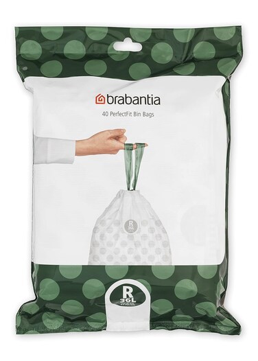 Brabantia PerfectFit Bin Liners Size R (36 Litre) &ndash; 40 Bags, 
Thick Plastic Trash Bags with Tie Tape Drawstring Handles, White