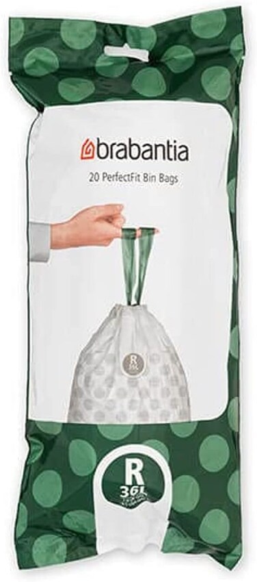 Brabantia PerfectFit Bin Liners Size R (36 Litre) &ndash; 3 x 20 Rolls 
(Total 60 Bags), Thick Plastic Trash Bags with Tie Tape Handles, White