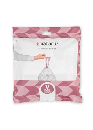 Brabantia PerfectFit Trash Bags Size V (3 Litre) &ndash; 40 Bags, Thick Plastic Bin Liners with Drawstring Handles, White