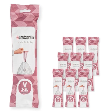 Brabantia PerfectFit Bin Liners Multipack Size V (2–3 Litre) – 200 Bags, Thick Plastic Trash Bags with Tie Tape Drawstring Handles, White