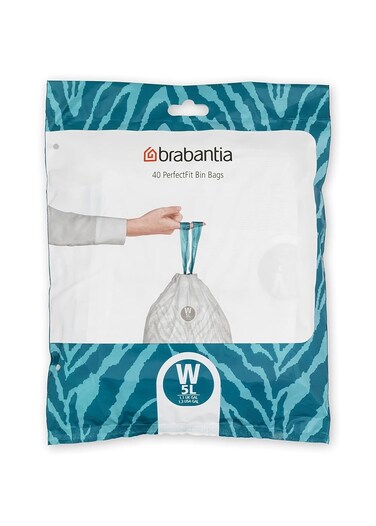 Brabantia PerfectFit Bin Liners Size W (5 Litre) &ndash; 40 Bags, Thick Plastic Trash Bags with Tie Tape Drawstring Handles, White